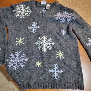 Villager Sport Grey Snowflake Knit Wool Blend Sweater Size Small